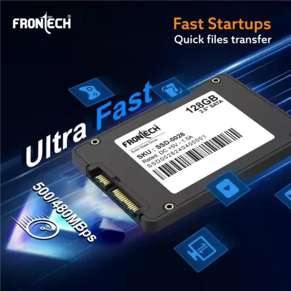 FRONTECH 128GB Internal SSD, 2.5 SATA3, TLC+SMI, Low Energy Consumption, Ultra Fast with Read/Write Speed Upto 500/480 Mbps,